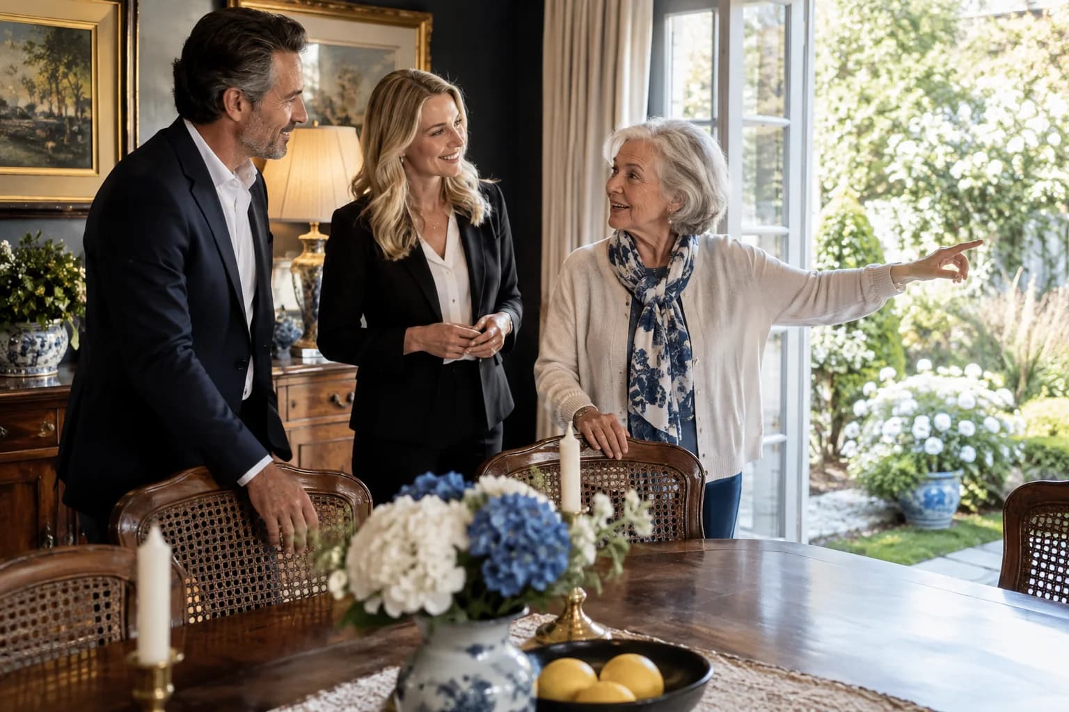 Illustrative conversation between a homeowner and real estate professionals in her home