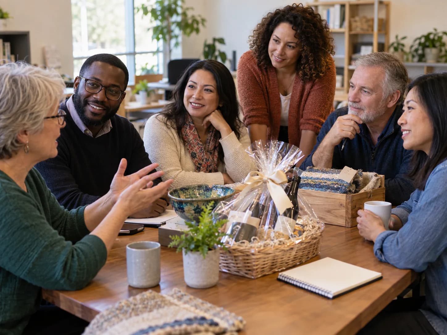 Illustrative nonprofit board discussing donated packages and an event plan