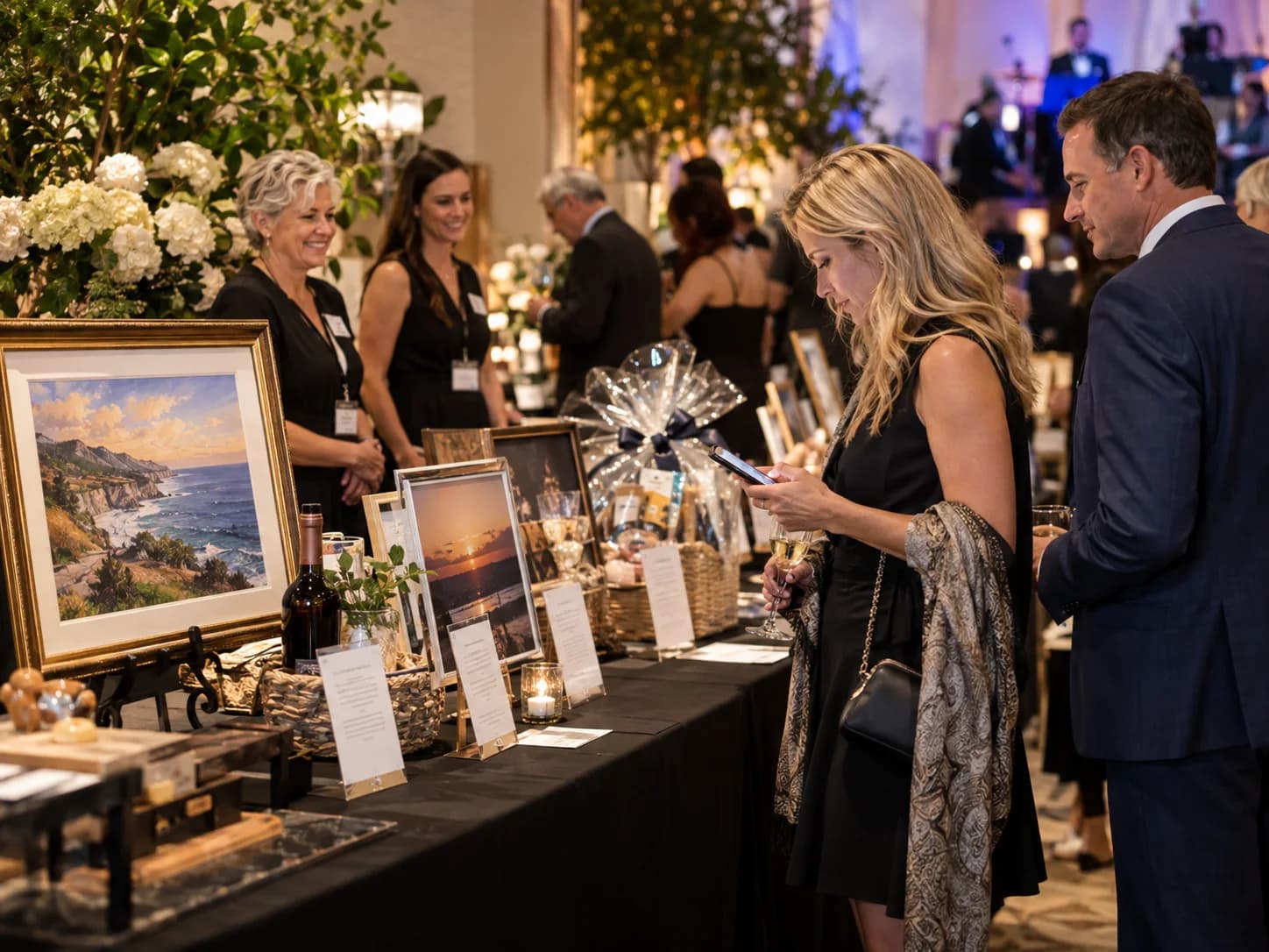 Illustrative guests exploring donated packages at a silent auction