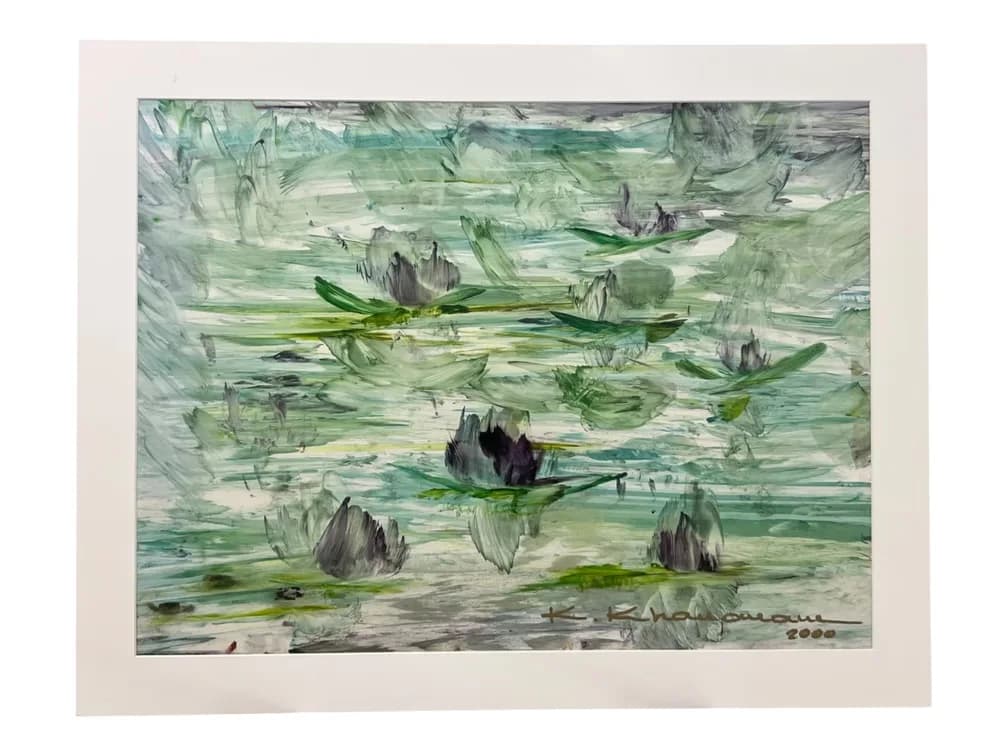 #7485 • $12,500 Original Oil on Paper, Impressionistic Water Lily Pond in Green, Violet and White, Signed and Dated by Kamran Khavarani, "Abstract Series" with Certificate of Authenticity, 28 x 22"