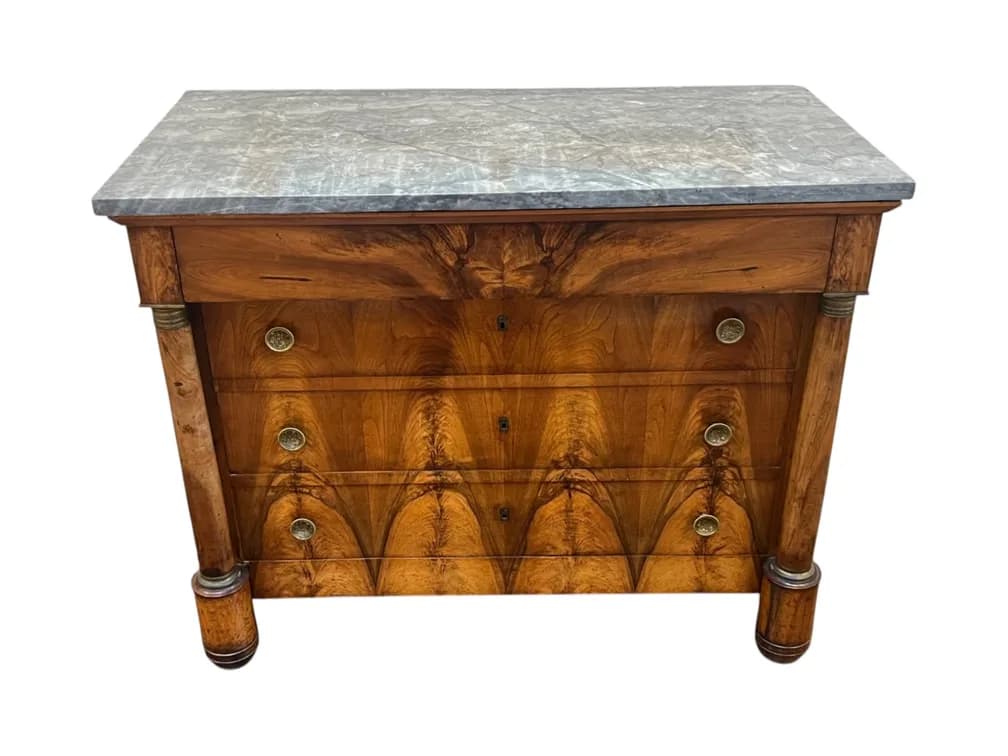 #8195 • Rare, 19th Century French Empire Period Four-Drawer Commode in Bookmatched Flame Walnut Veneer with Grey Marble Top, Detached Columns, and Gilt Brass Hardware, Circa 1805–1825, 38"