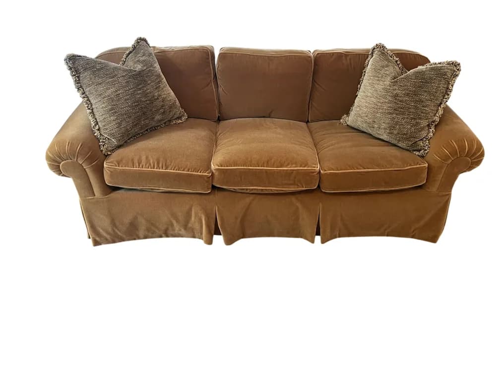 #8154 • $7,500+ Sofa Donghia Three-Seat Velvet Upholstered with Skirted Base, 30"