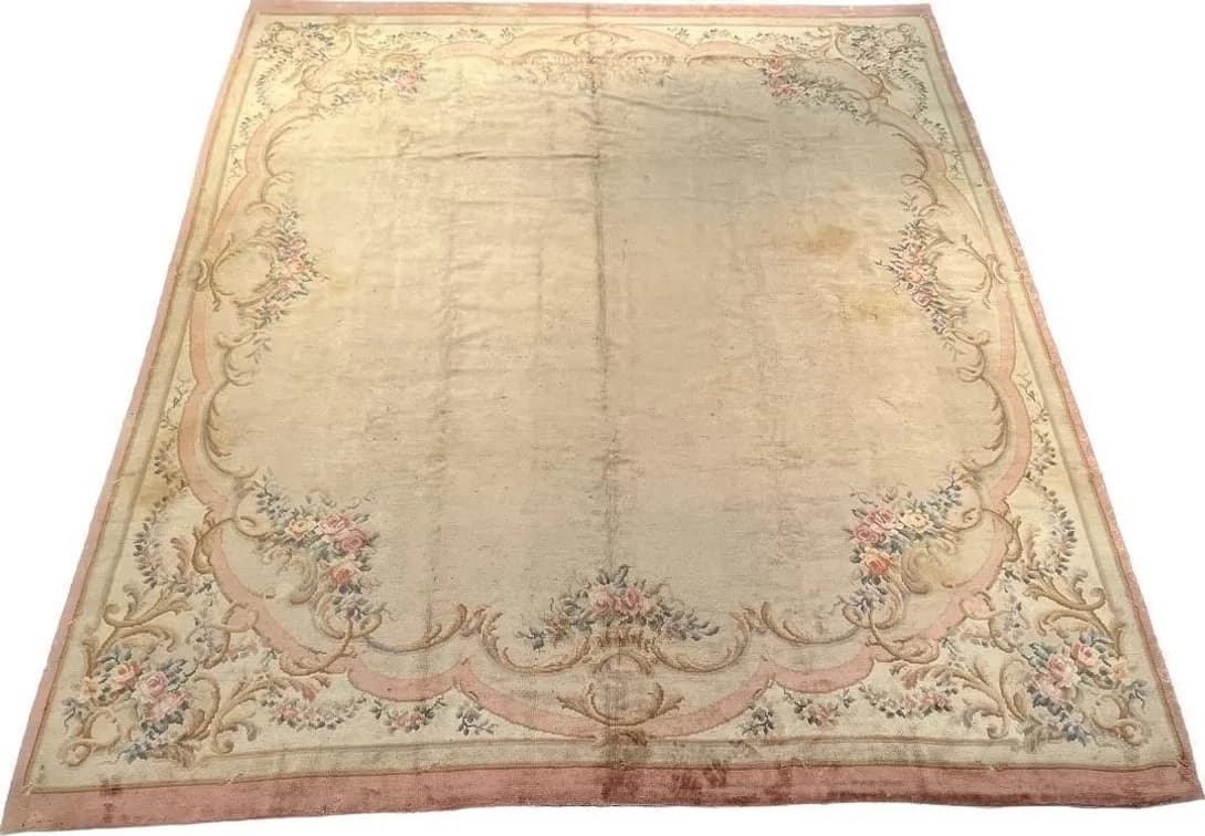 #68780 • $38,000 Gallery Retail, Monumental French Handmade Wool Carpet in the Old Savonnerie Tradition, Open Ivory Field with Scrolling Floral Border, Made in France, Genuine Handmade, 10.7' x 12.1'