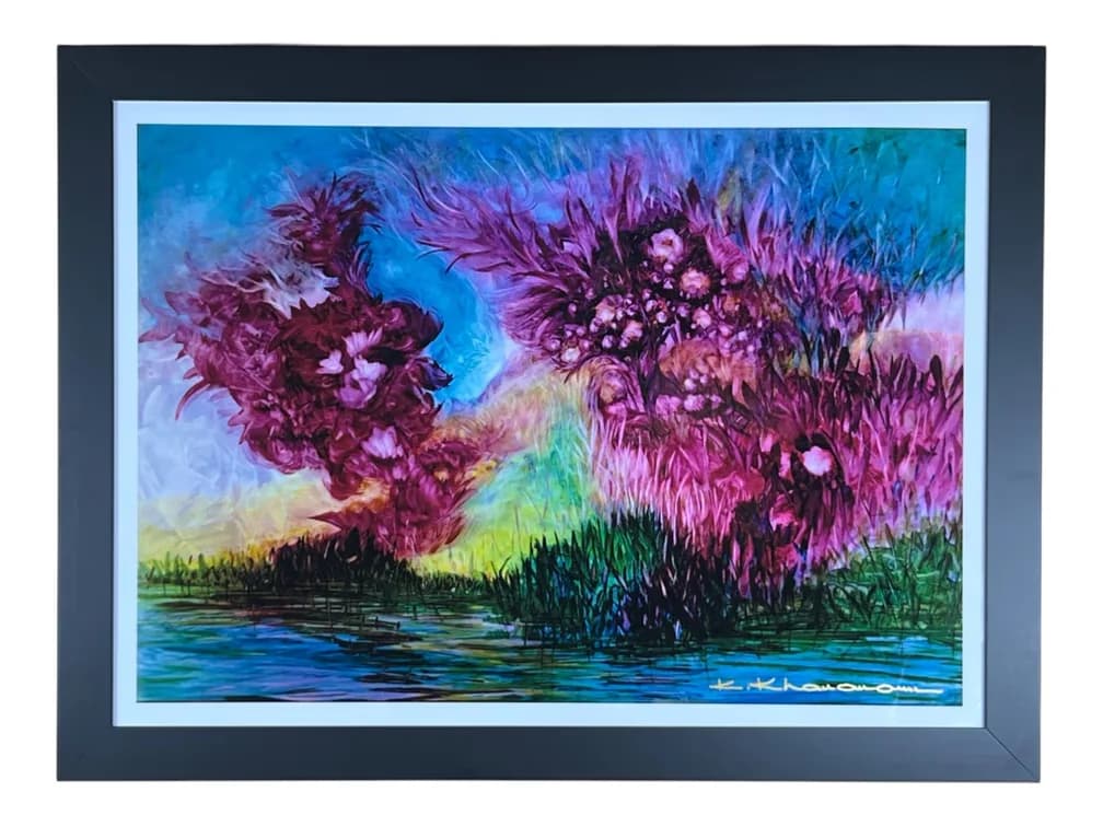 #8432 • $2,500 Floral Landscape in Magenta, Violet and Blue, Signed Giclée on Paper by Kamran Khavarani, "Abstract Series" with Certificate of Authenticity, Custom Framed, 36 x 27"