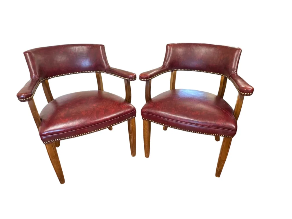 #8401 • Pair of Burgundy Leather Upholstered Open Armchairs, 26 x 18 x 30”