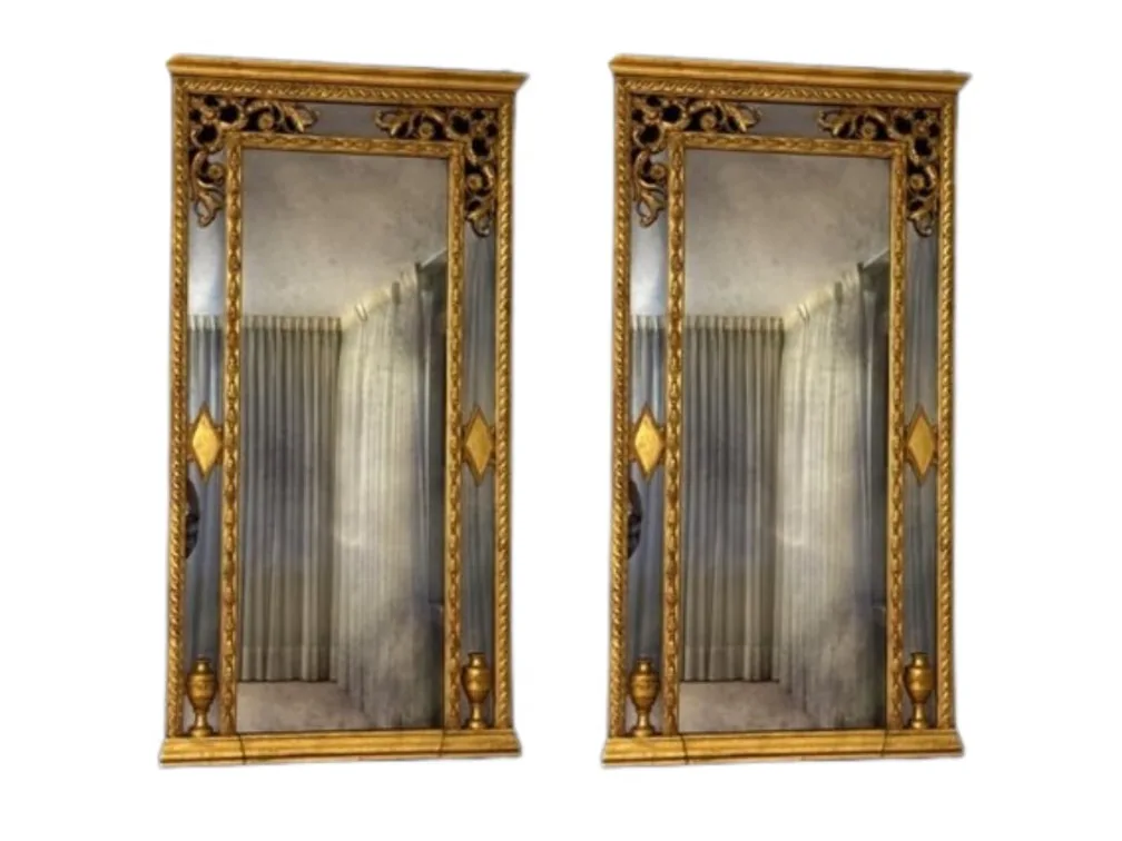 #6890 • $6,500+ Pair, Italian Neoclassical-Style Giltwood Pier Mirror with Urn Finials and Tripartite Plate, 48"