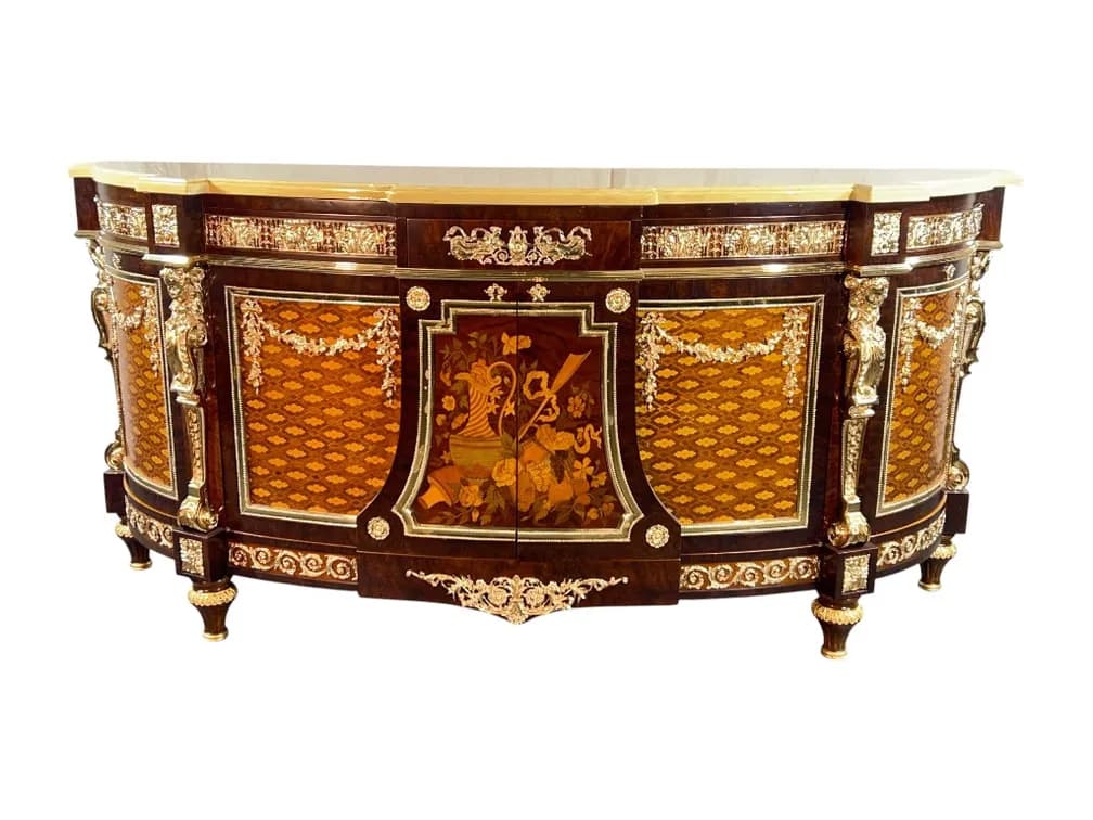#7210 • $32,000+ Italian Museum-Quality Louis XVI Style Ormolu-Mounted Marquetry Demilune Commode Italian Master Craftsmanship, 40"H
