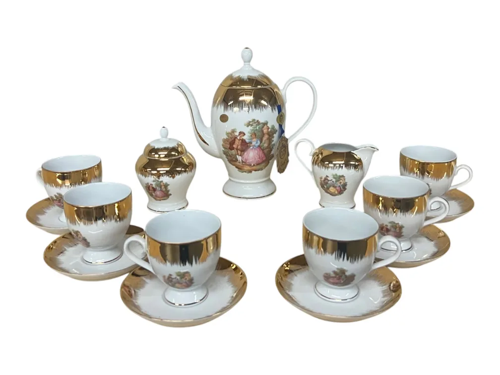 #7363 • Italian Gilt Porcelain Coffee Service with Fragonard Courting Scenes, Bearing the Mark of DEPOS T. Limoges, 24K Gold, 15 Pieces
