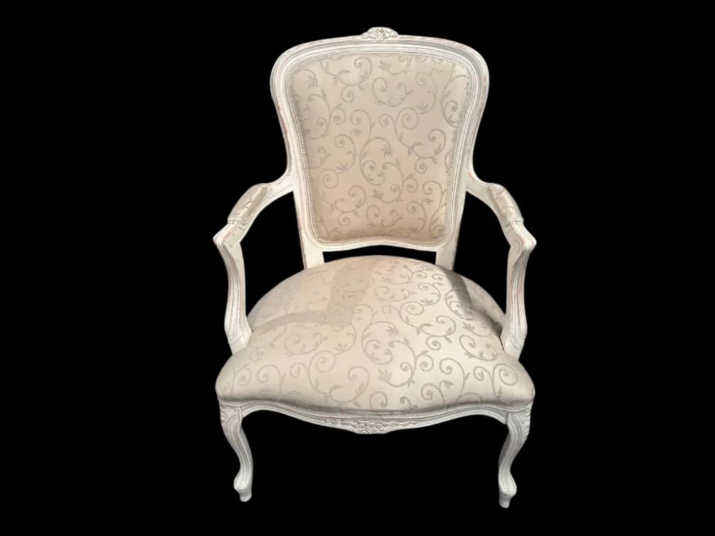 #4121 • French Style Upholstered Armchair with Carved Wood Frame